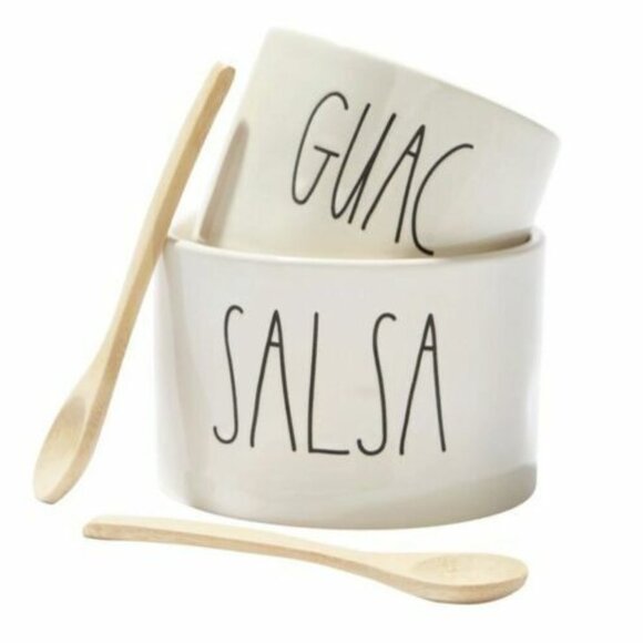 New Rae Dunn Guacamole/Salsa Bowls w/ 2 Wooden Spoons Taco Night Limited - Picture 2 of 4